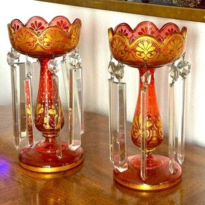 Antique c1930s Hand-painted Burgundy Gold Candelabra Crystal Candle